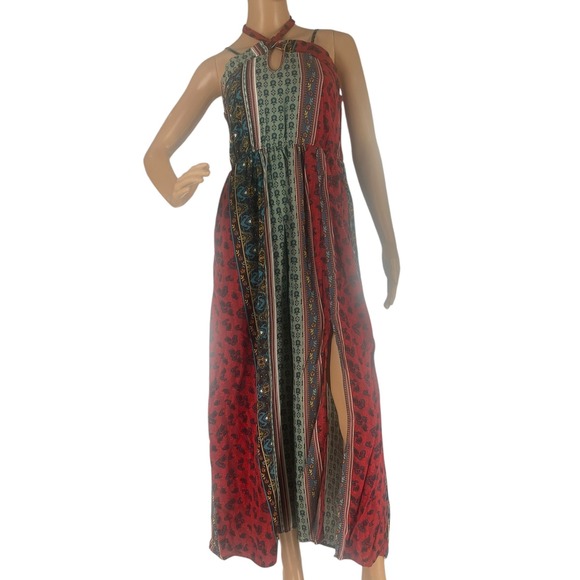 Band of Gypsies Floral Maxi Dress Halter Neck Smocked Bohemian Size Large - Picture 1 of 13